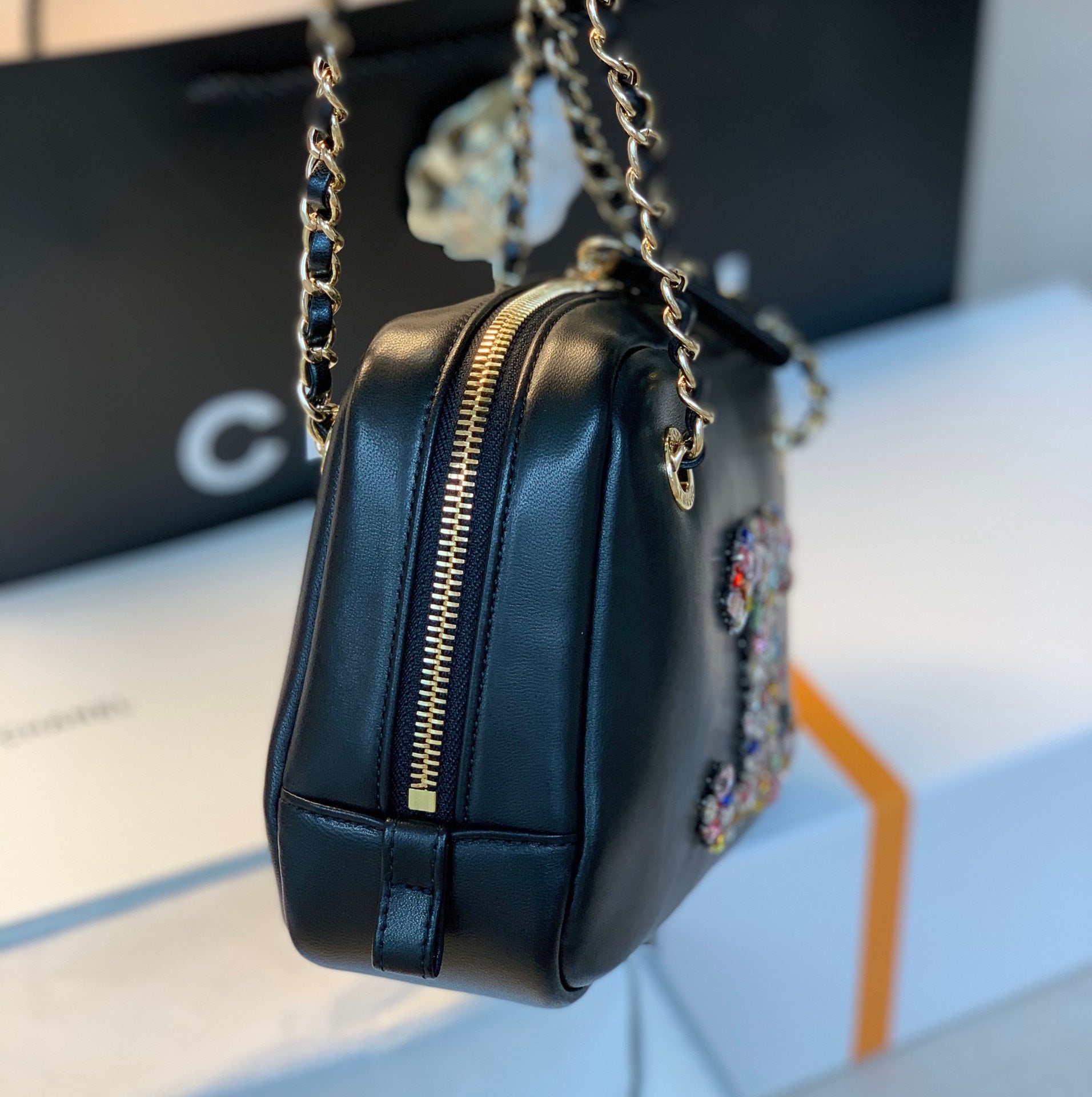 CHL Camera Cubic Diamonds 12.5cm Black Handbag