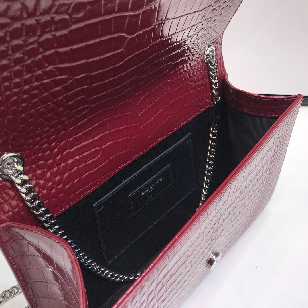 YSL Saint Laurent Kate Tassel Shiny-Embossed Burgundy 9in Medium Chain Handbag