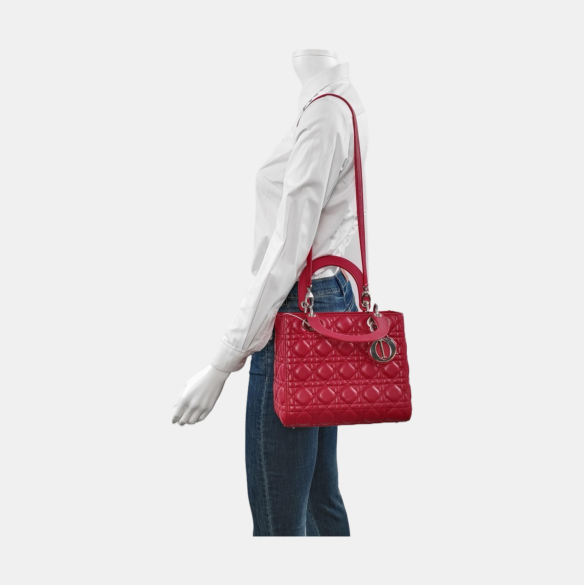 Dior Lady Medium Lambskin Hardware Strap Handbag Leather Red Travel Bag