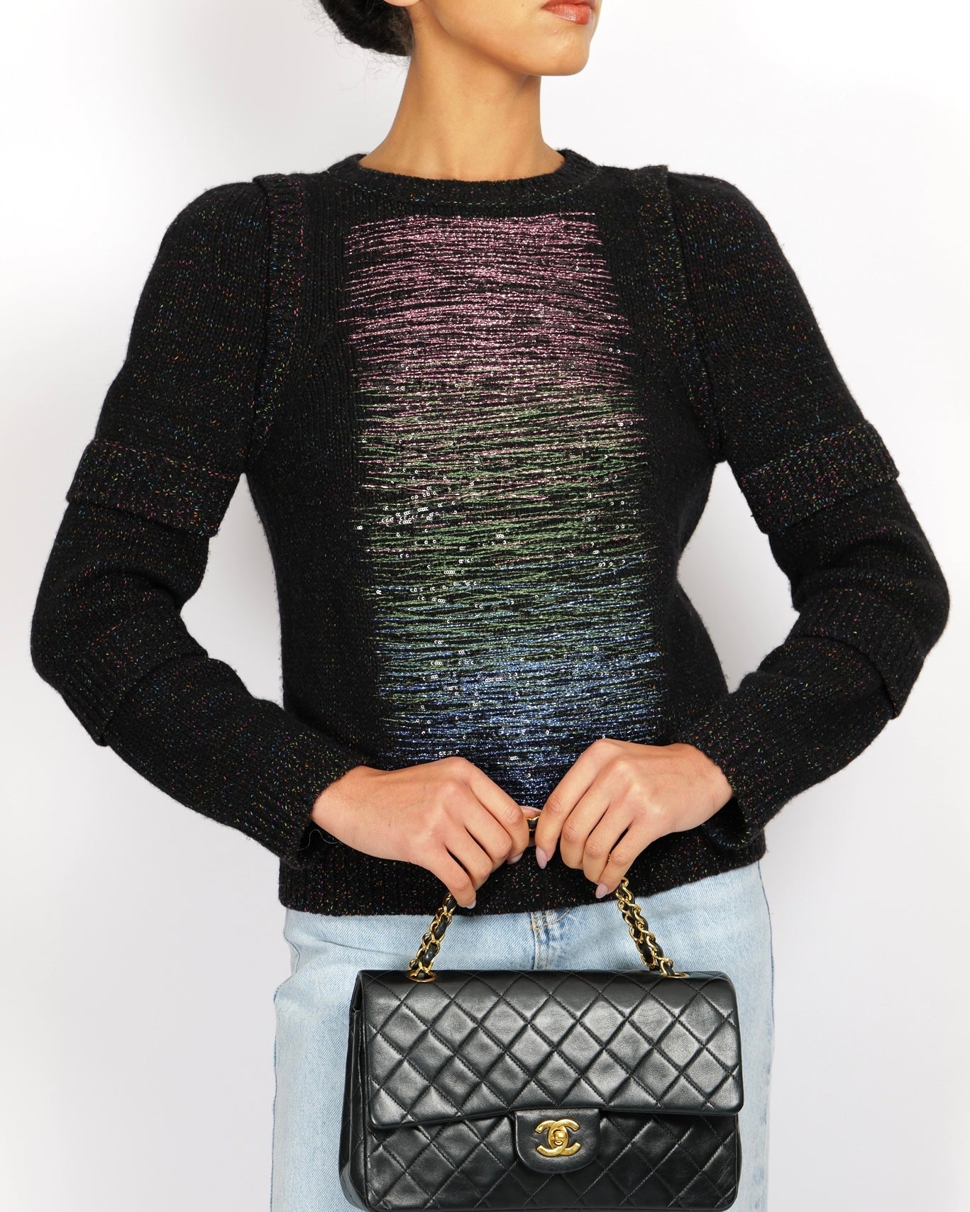Chanel Fall 2017 Black and Multi-Colour Wool Knit Jumper with Metallic and Sequin Embellished Embroidery with Silver CC Logo Button Detail Size FR 36 (UK 8)
