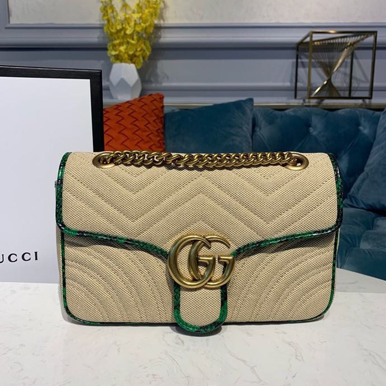 gg Marmont RafTop QualityTop Qualitya Beige Green Shoulder Bag