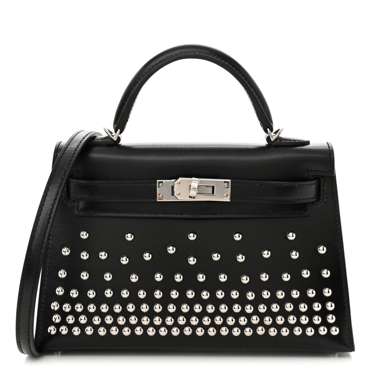Hermes Box Studded Clouté Kelly Sellier Handbag Black Mini Travel Bag