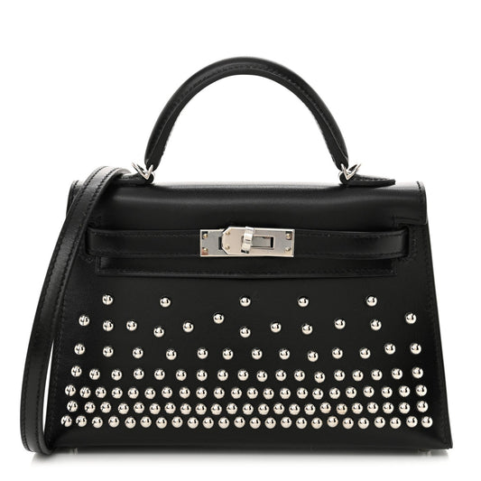 Hermes Box Studded Clouté Kelly Sellier Handbag Black Mini Travel Bag