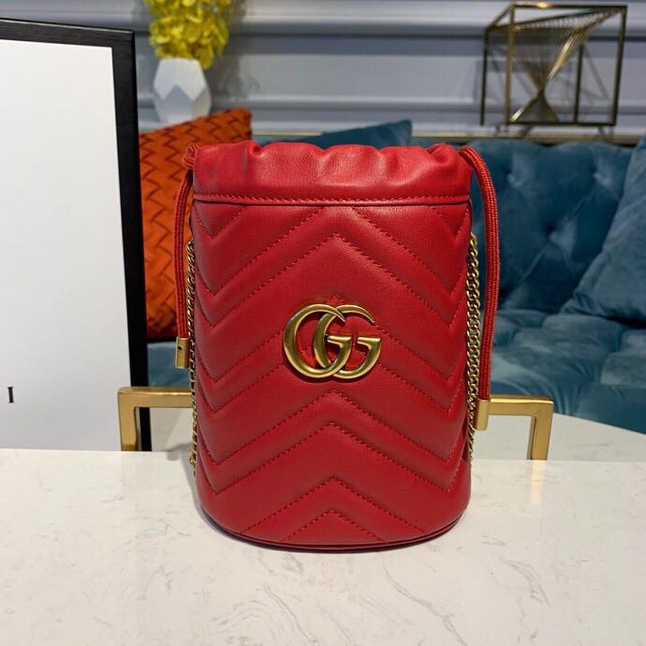 gg Marmont Hibiscus MatelassÃ© Chevron Red Mini Bucket Bag