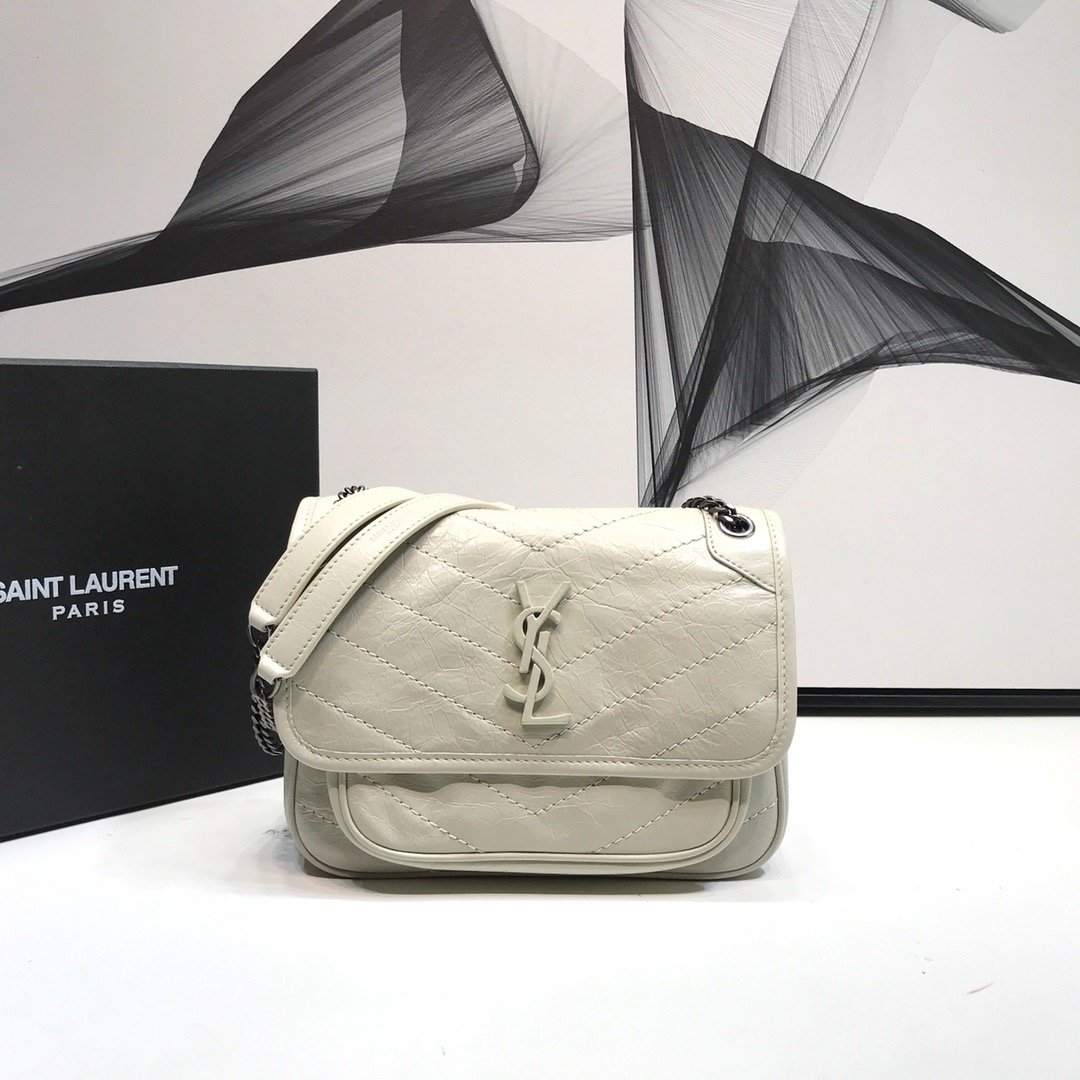 YSL Saint Laurent Niki Baby Crinkled 8in 21cm White Chain Travel Bag