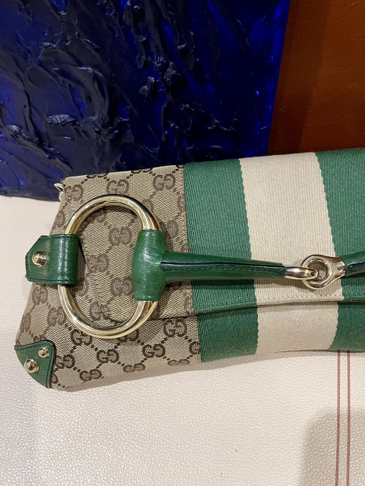 Gucci Horsebit Chain Cloth Web Studs Monogram Leather Green Gold Travel Bag