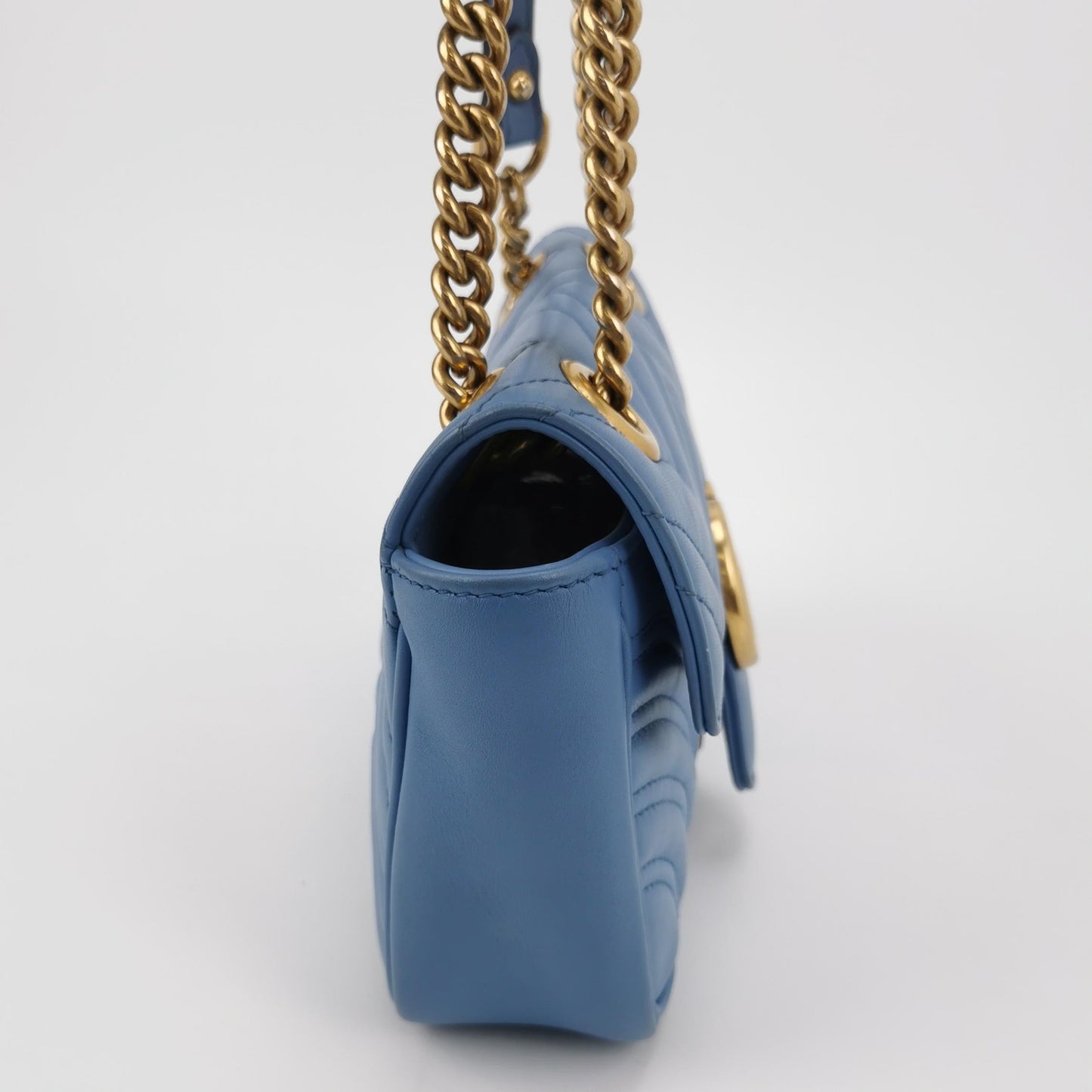Gucci Marmont Flap Baby Hardware Leather Calfskin Blue Gold Travel Bag