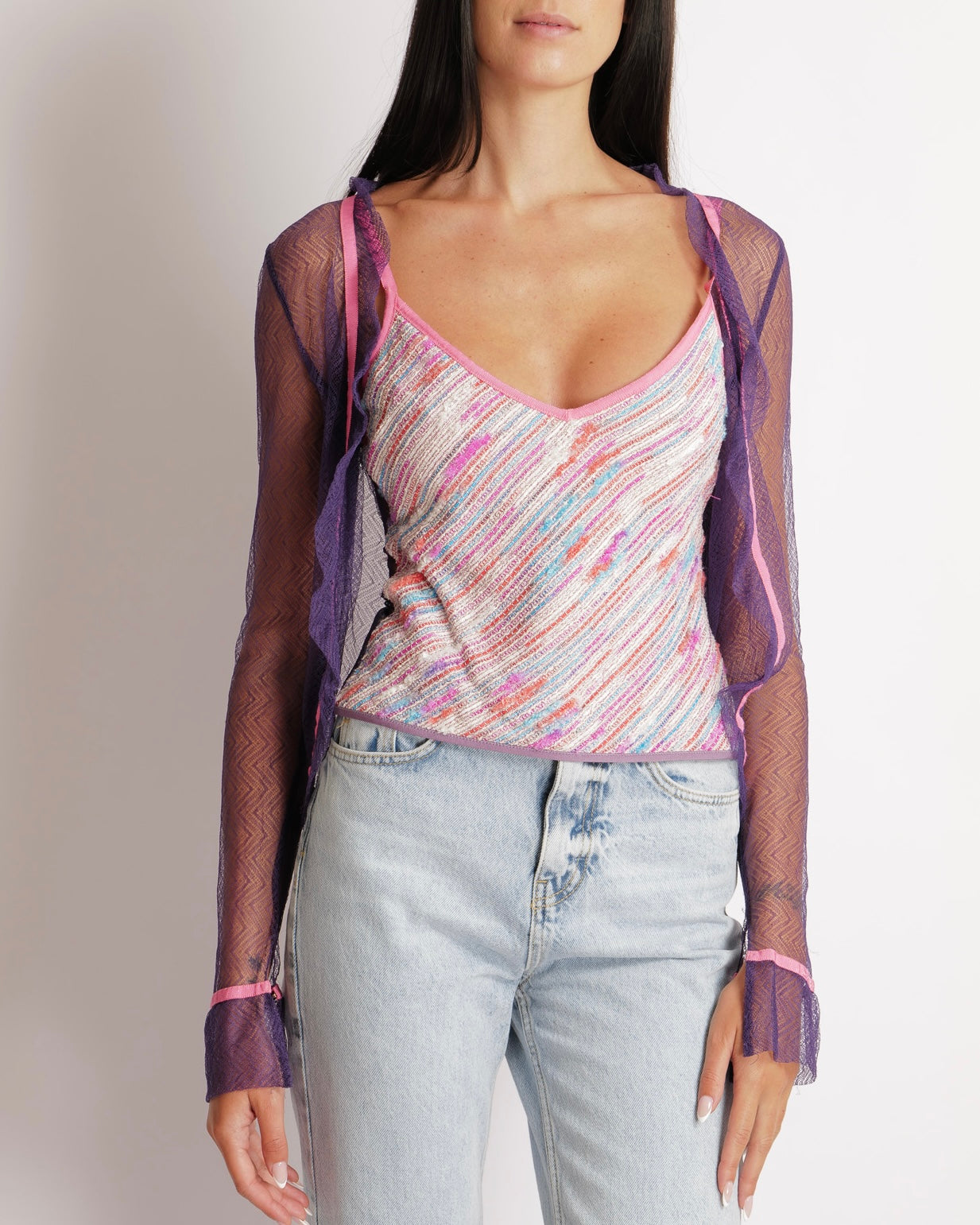Chanel   03C Purple Lace Gilet and Multi-Colour Top Set with Pink Trims and See-Through Back Detail Size FR 38 (UK 10)