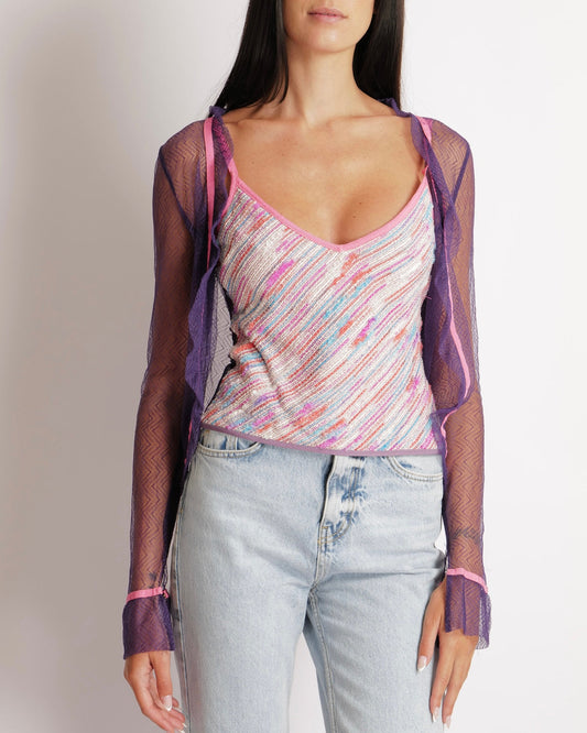 Chanel   03C Purple Lace Gilet and Multi-Colour Top Set with Pink Trims and See-Through Back Detail Size FR 38 (UK 10)