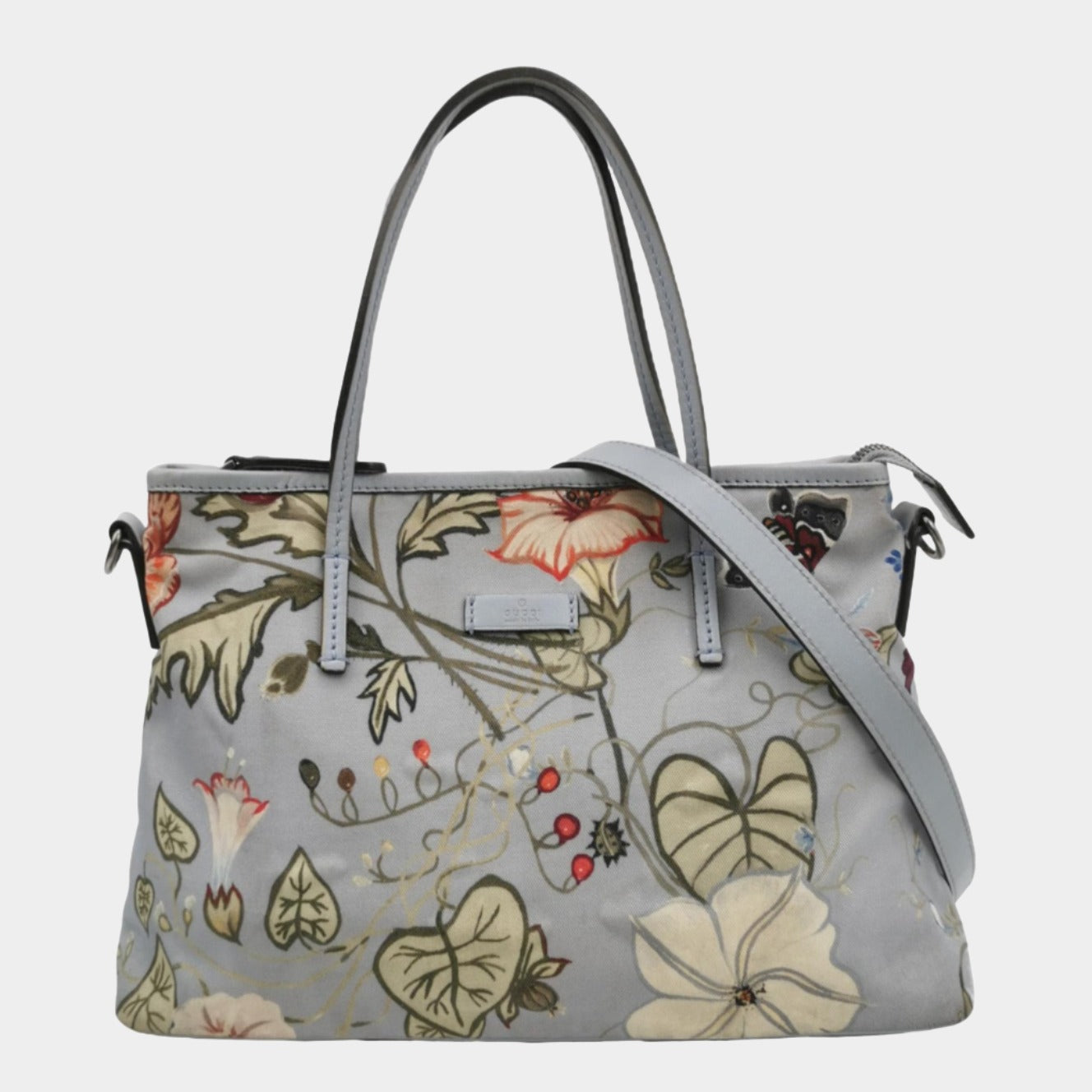 Gucci Flora Knight Leather Nylon Blue Small Tote Bag