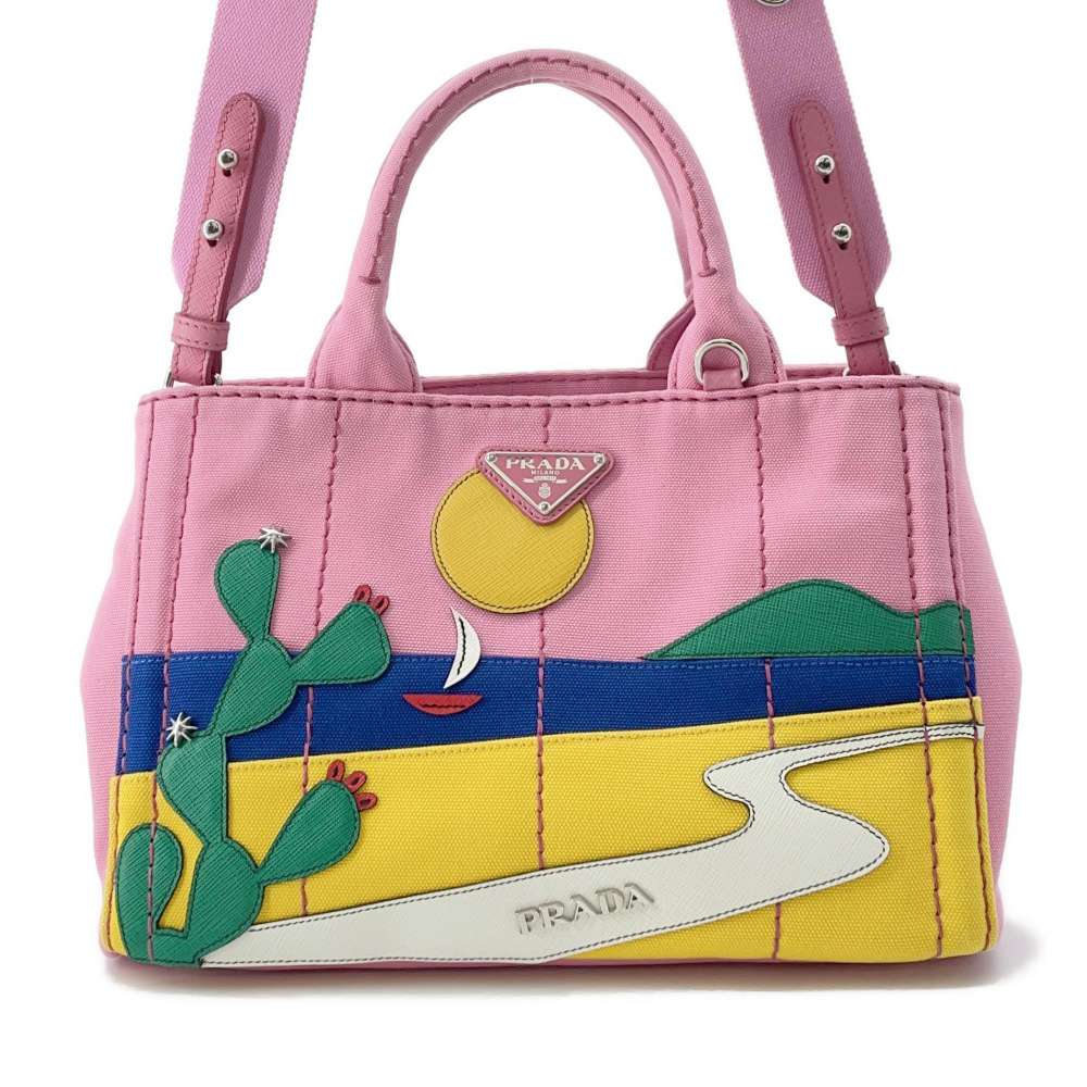 Prada Canapa Patchwork Luxury Handbag Canvas Pink Multicolor Travel Bag