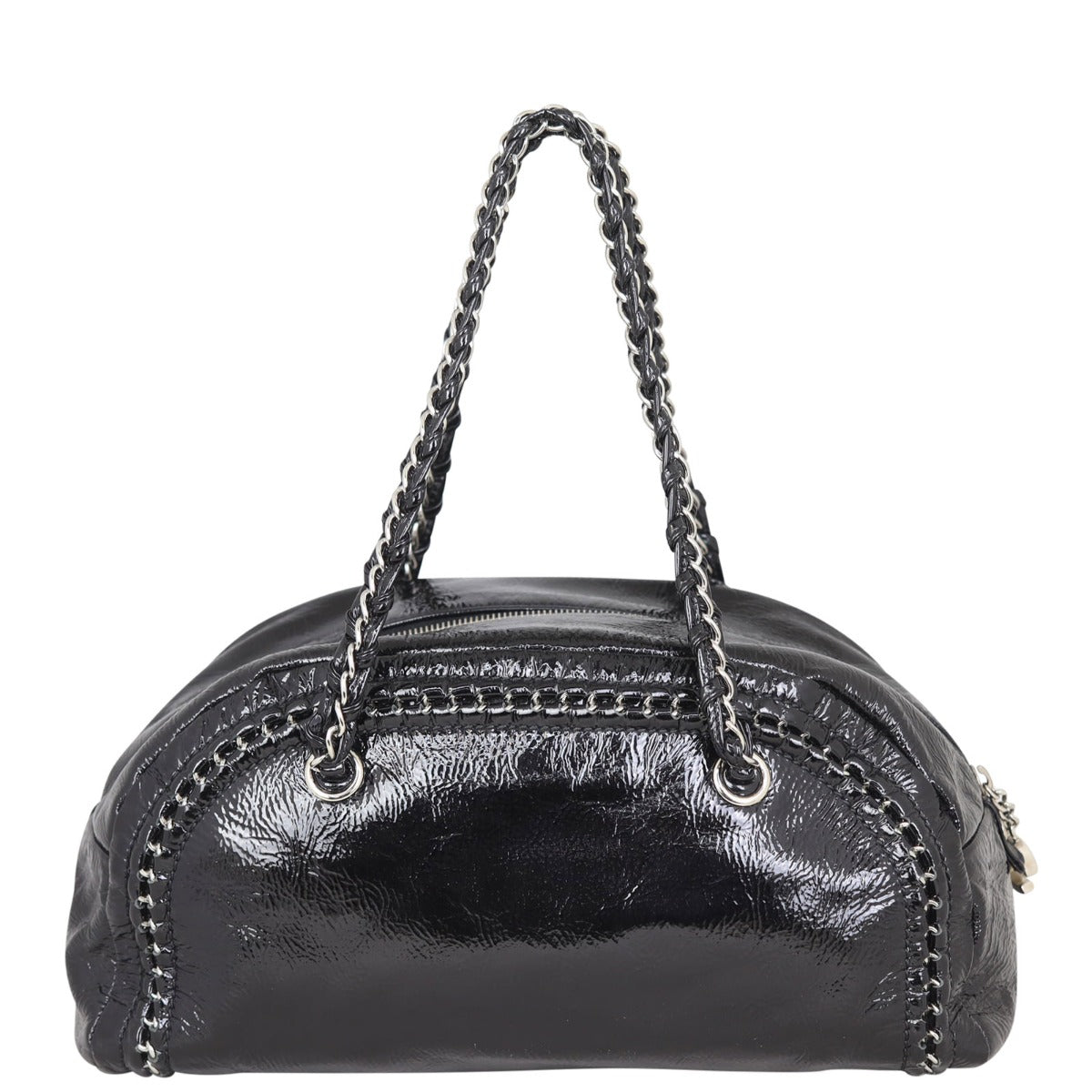 Chanel Luxe Ligne Bowler Aged Patent Handbag Black