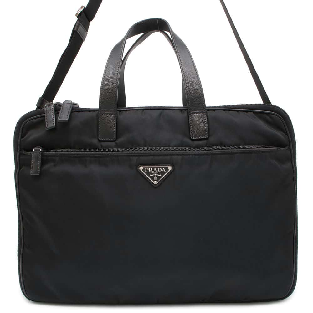 Prada Briefcase Leatherleather Luxury Handbag Nylon Saffiano Black Travel Bag