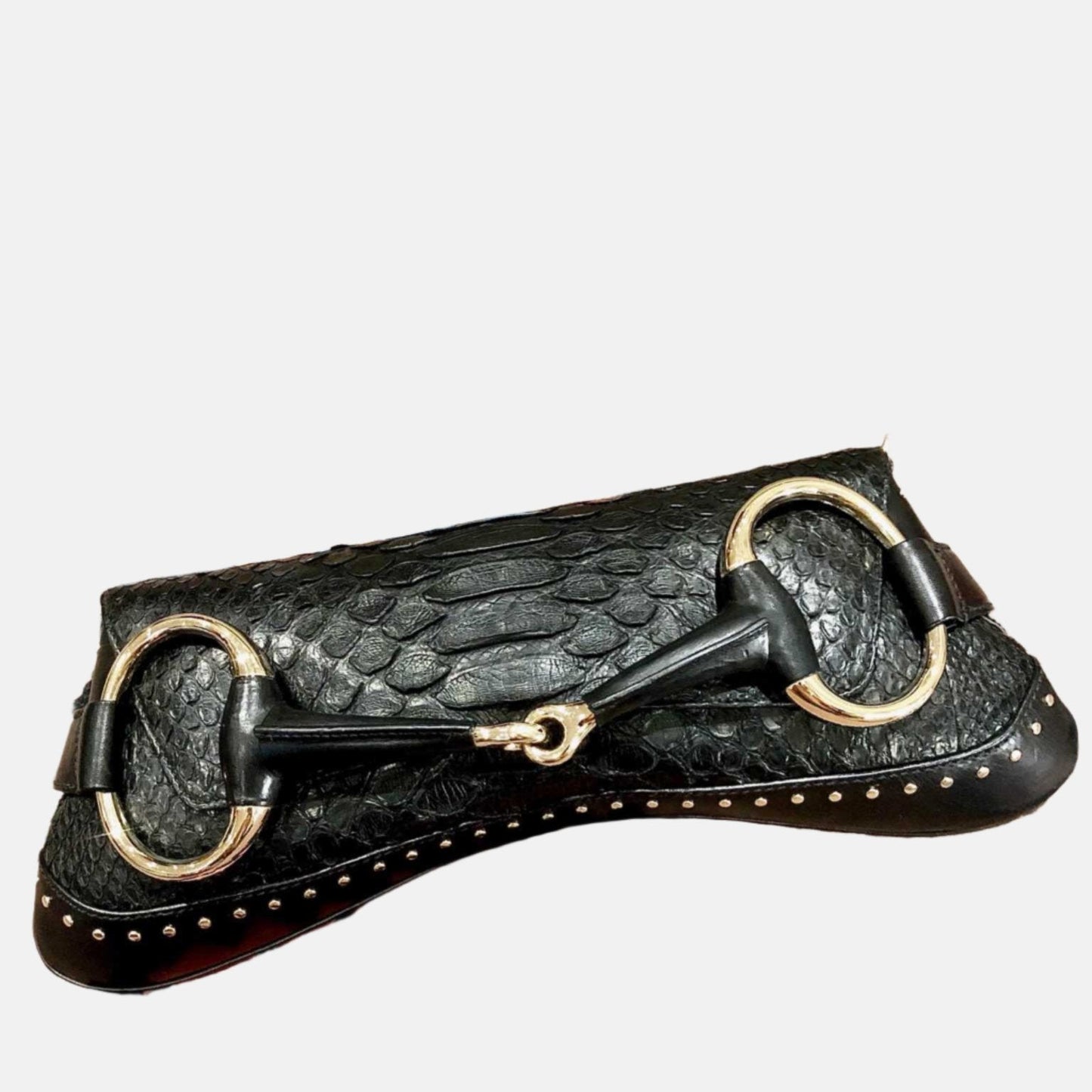 Gucci Horsebit Chain Leather Crocodile Black Large Shoulder Bag