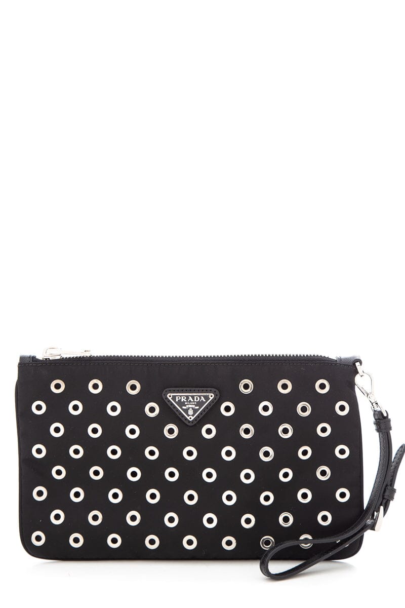 Prada Grommet Studded Pouch Luxury Handbag Black Silver Clutch Bag