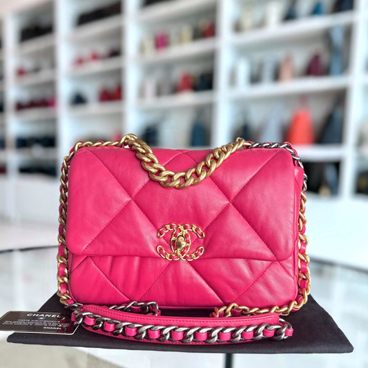 Chanel 19 Bag Small - Goatskin Hot Two-tone Quilted Pink Handbag