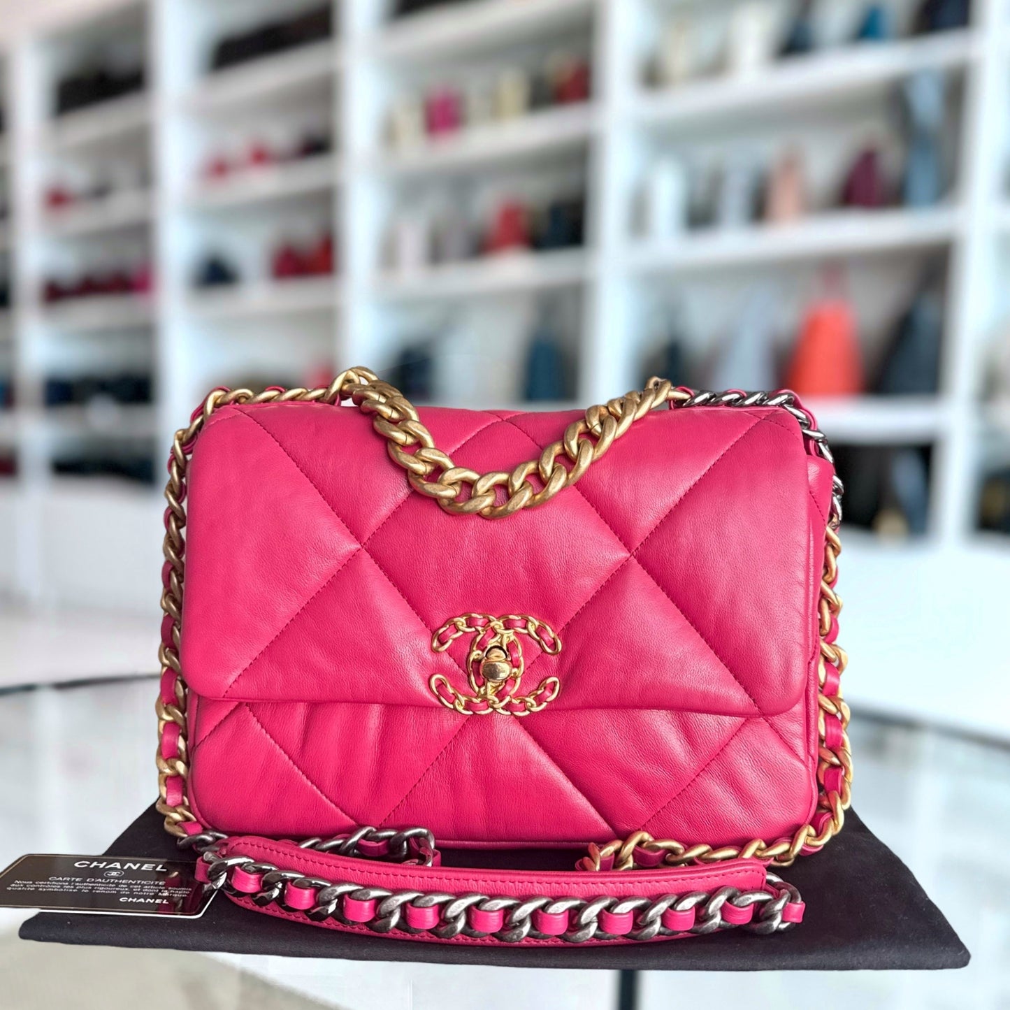 Chanel 19 Bag Small - Quilted Goatskin Hot Pink Two-tone Gold Hardware Series 29