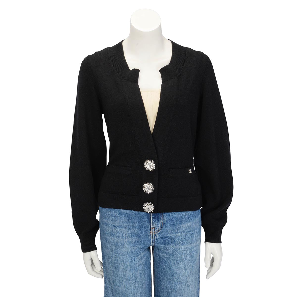 Chanel Black Cashmere Crystal Button Cardigan FR 40 Apparel