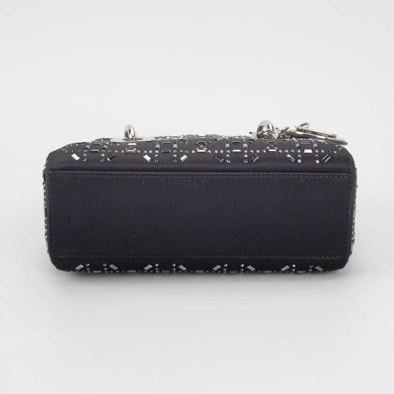 Dior Lady Silk With Crystals Hardware Handbag Black Silver Travel Bag