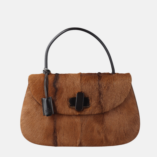Gucci Bamboo Top Handle Pony-style Leather Calfskin Brown Medium Travel Bag