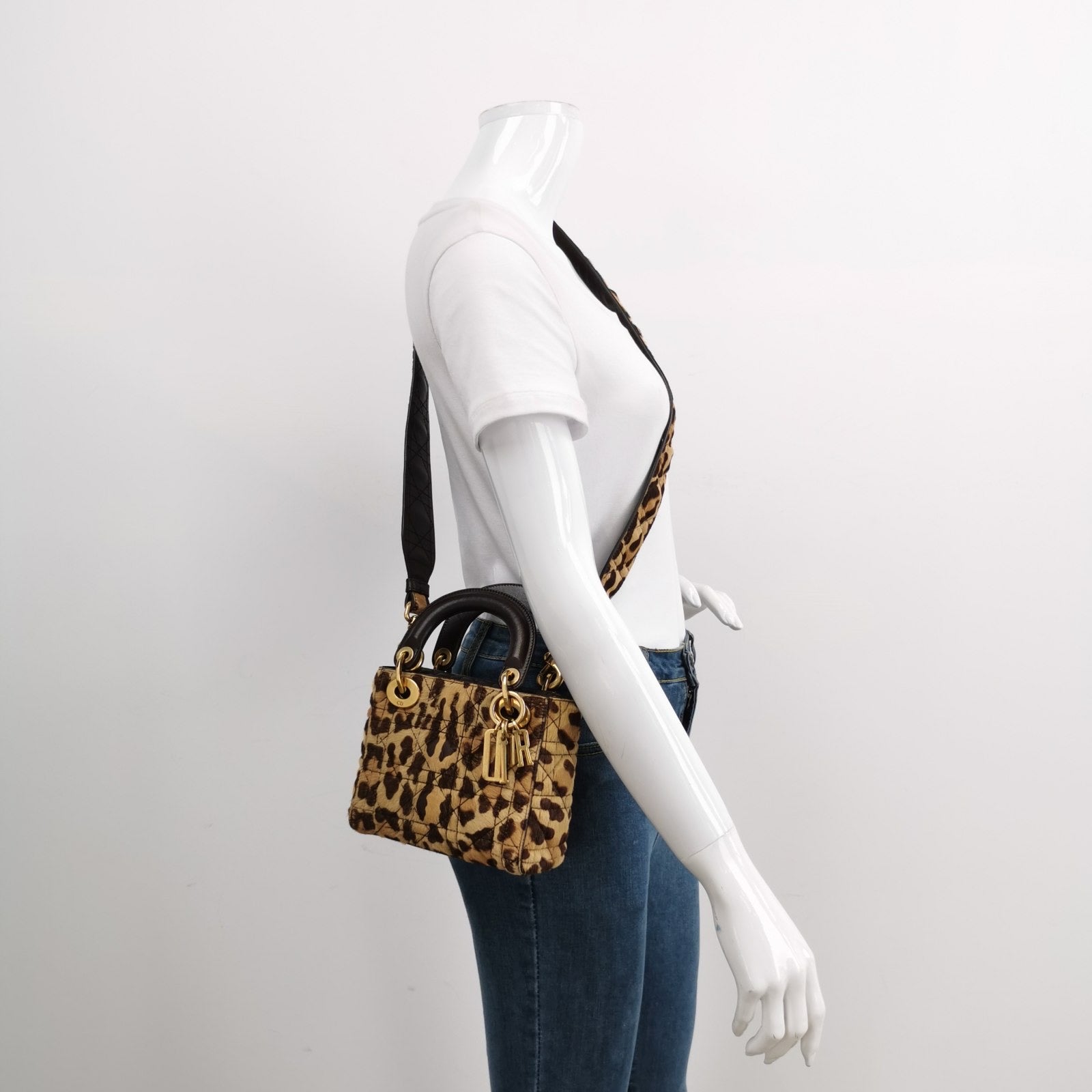Dior Lady Handbag Pony Style Calfskin Leopard Print Leather Mini Travel Bag