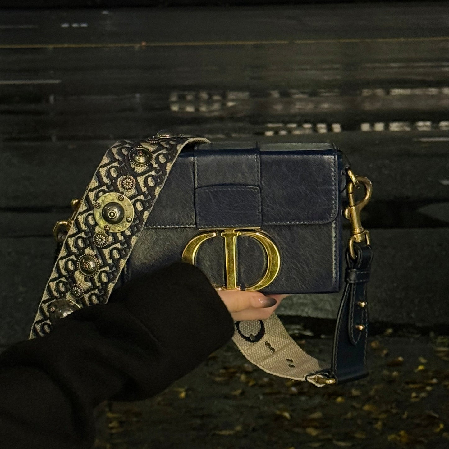 Dior Christian Montaigne Box Shoulder Bag Leather Blue Navy