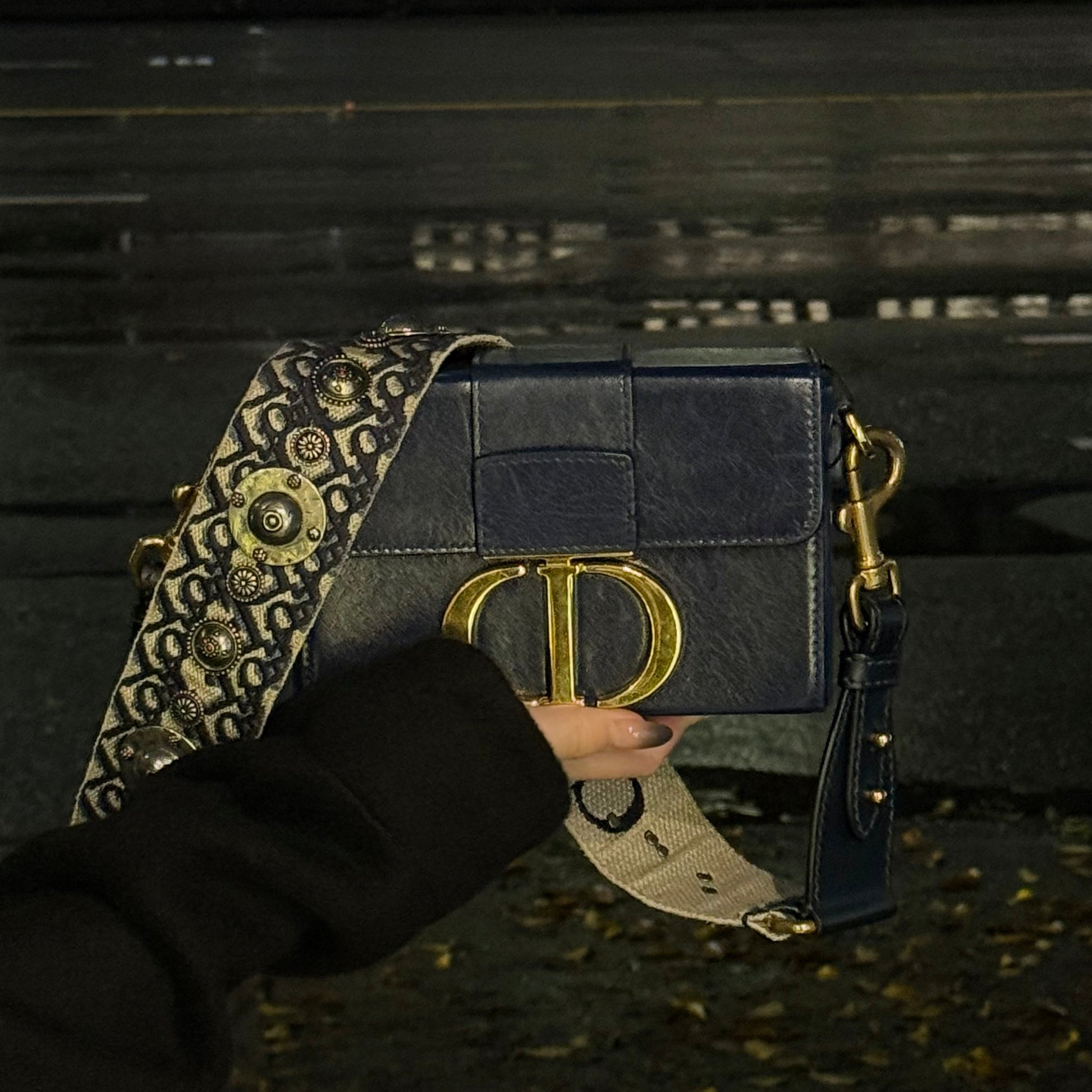 Dior Christian Montaigne Box Shoulder Bag Leather Blue Navy