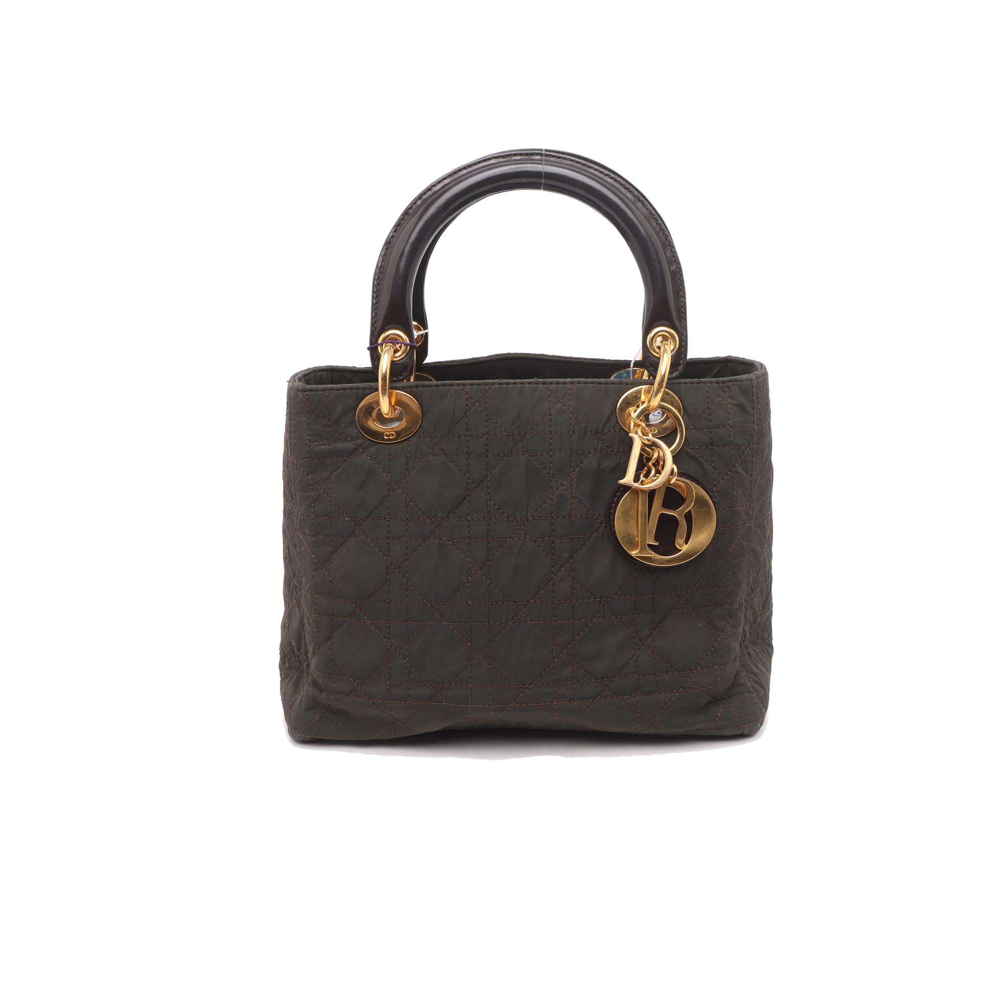Dior Lady Medium Cloth With Yellow Tone Hardware Nylon Brown Travel Bag