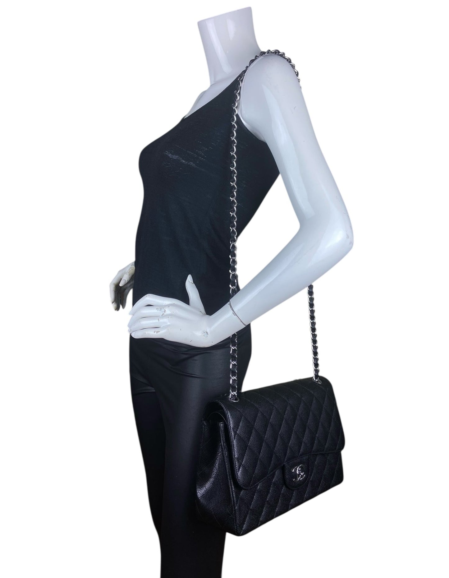 Black Caviar Leather Double Flap Jumbo Bag Signature
