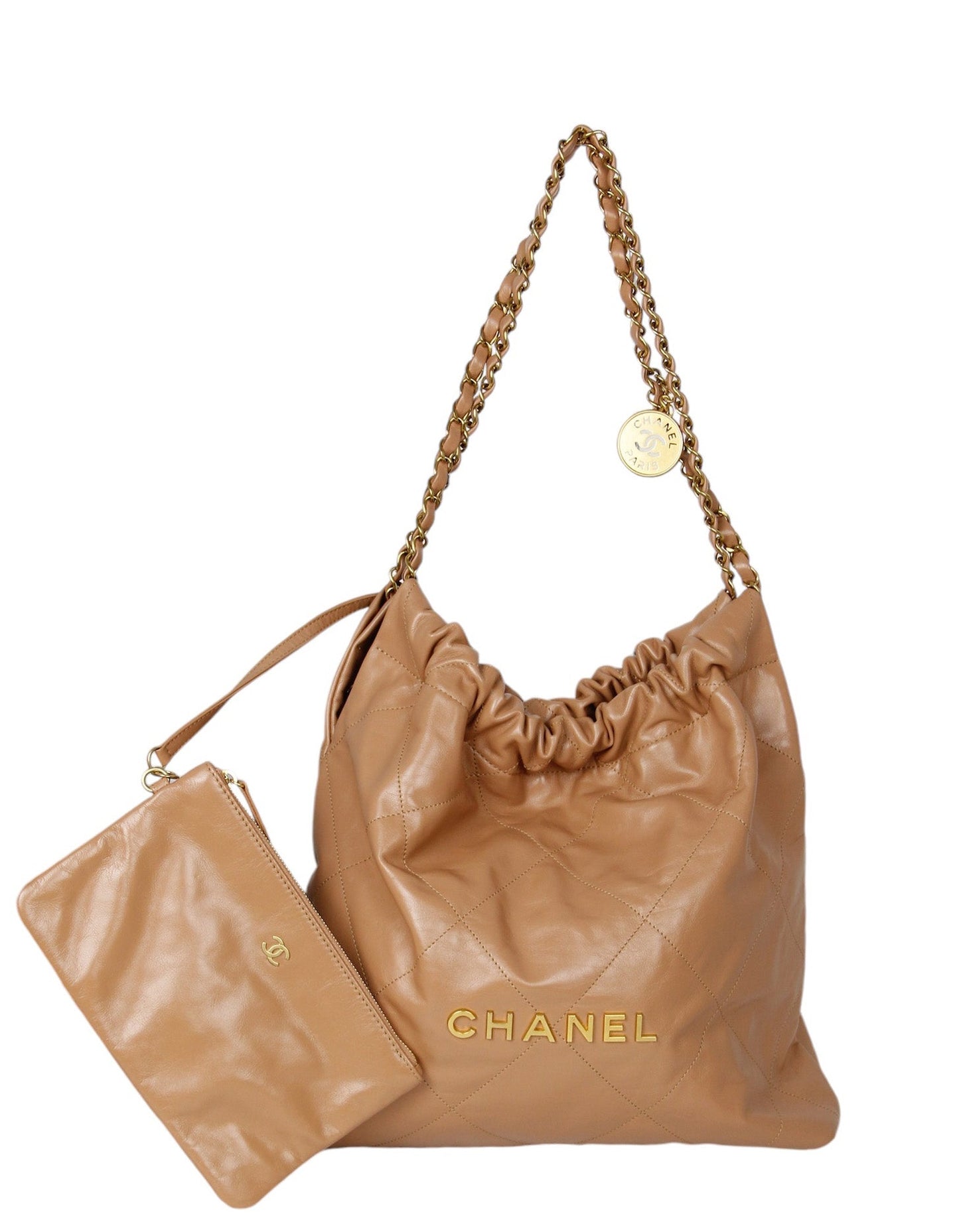 Chanel Dark Beige Leather Quilted 22 Tote Bag