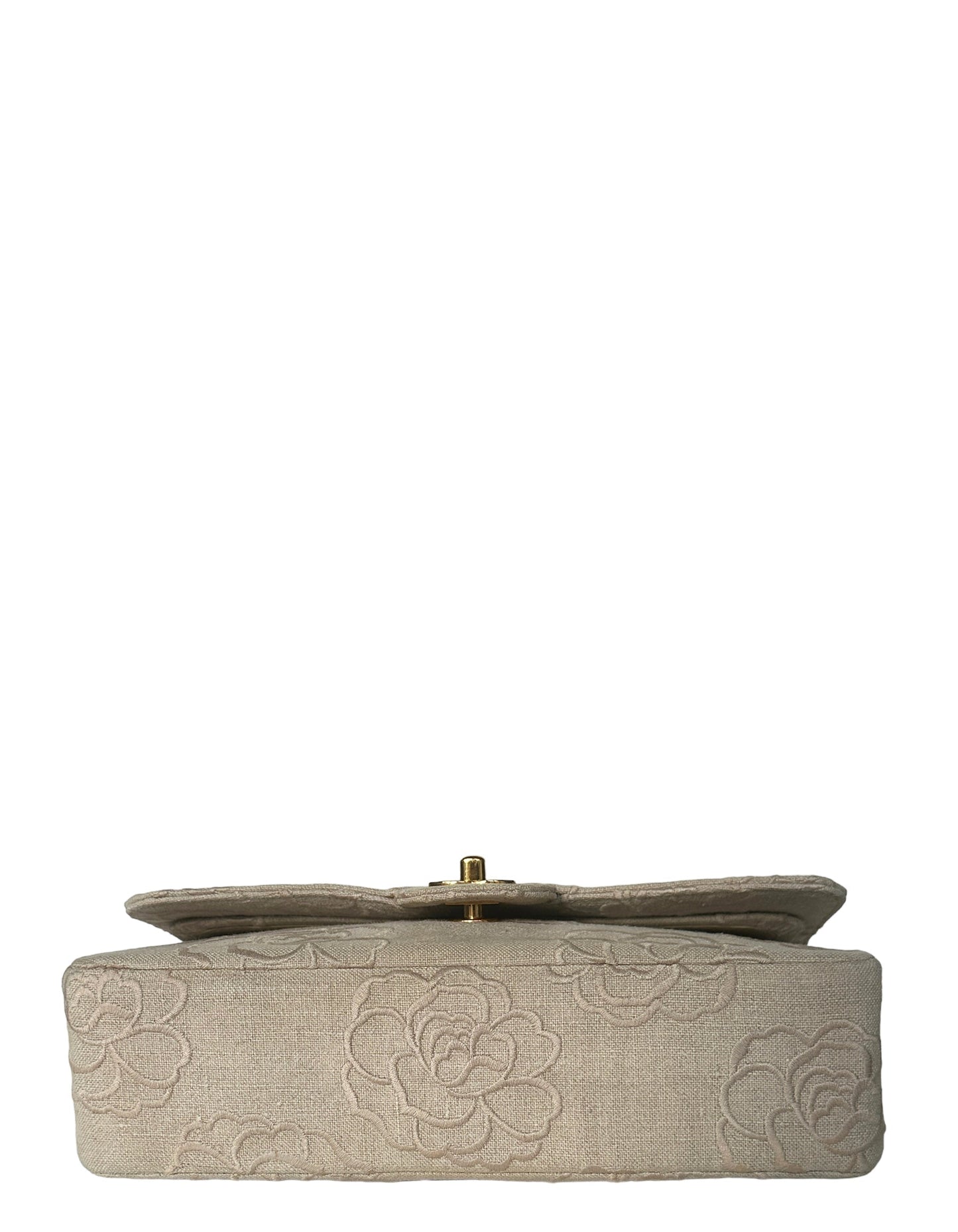 Chanel Ivory Canvas Camellia Embroidered Double Flap Classic Bag