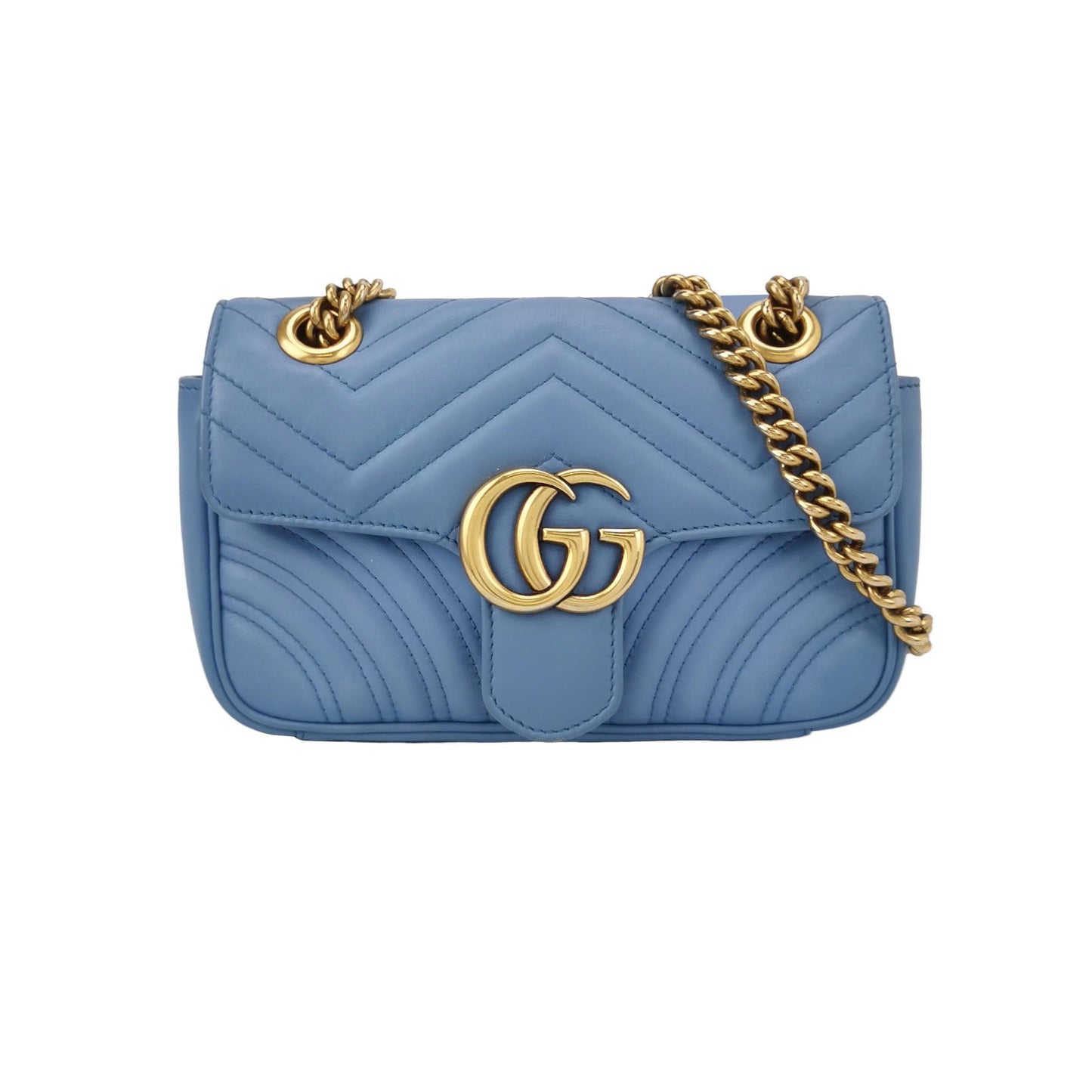 Gucci Marmont Flap Baby Hardware Leather Calfskin Blue Gold Travel Bag