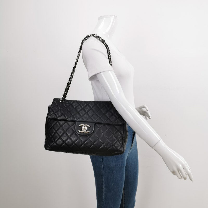 Chanel Classic Flap Maxi Soft Caviar -tone Black Silver Leather Handbag Logo 1