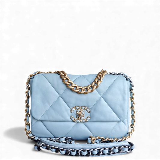 Chanel 19 Bag Goatskin Light Two-Tone Hardware Microchip Quilted Blue Handbag