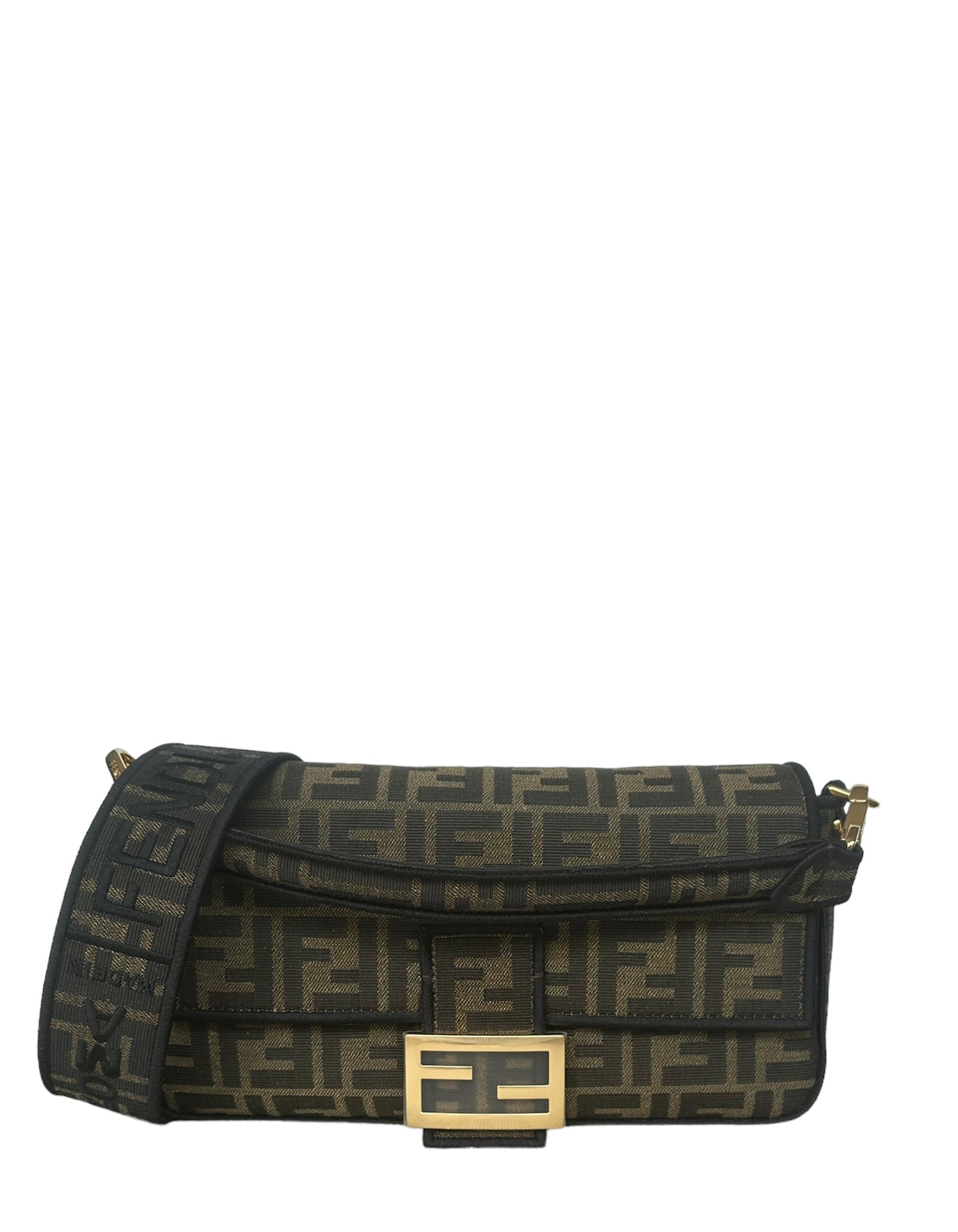 Fendi Handbag Fabric Jacquard FF Baguette NM Bag w Leather Monogram Brown Shoulder Bag