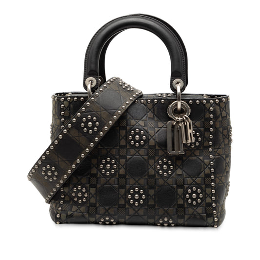 Dior Handbag Calfskin Cannage Flower Studded Supple Lady Satchel Black Medium Embossed Satchel Bag