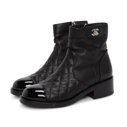 Chanel Black Calfskin & Patent Cap Toe Ankle Boots 36