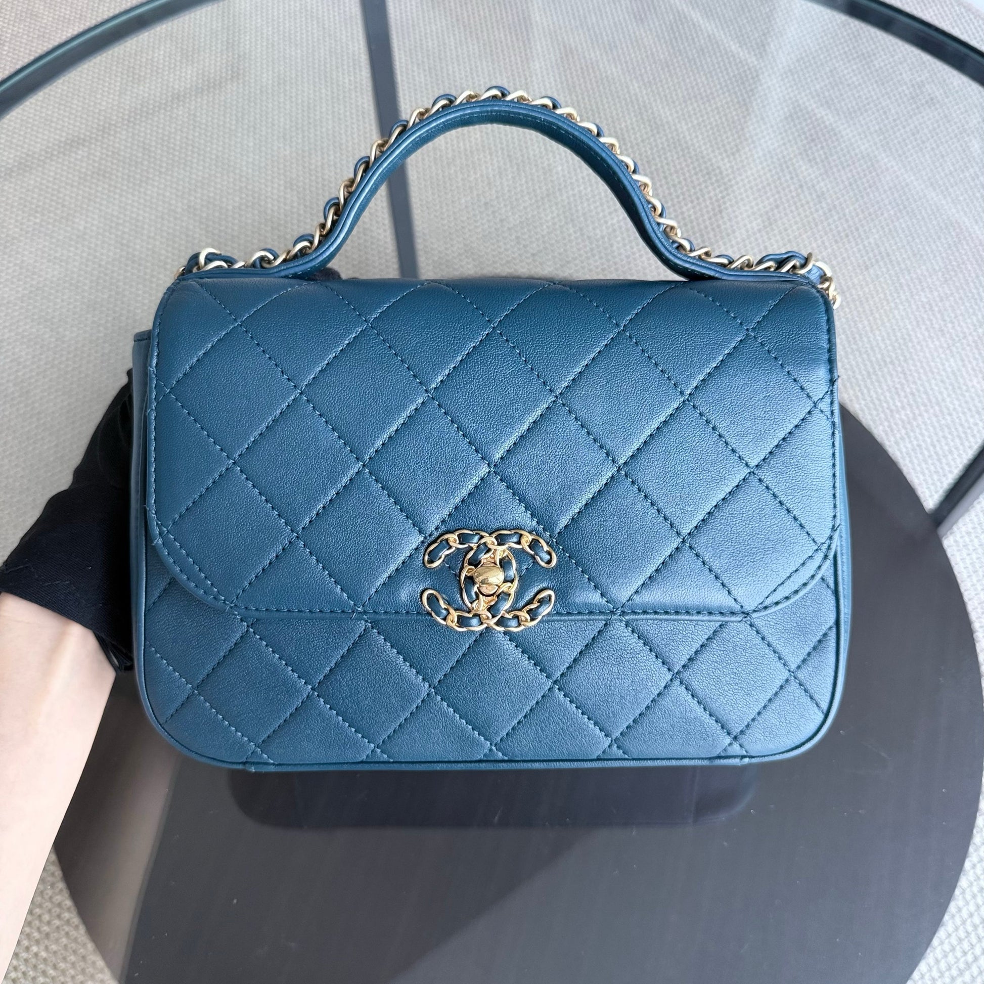 Chanel 19 Bag Flap - With Top Handle Quilted Blue Handbag