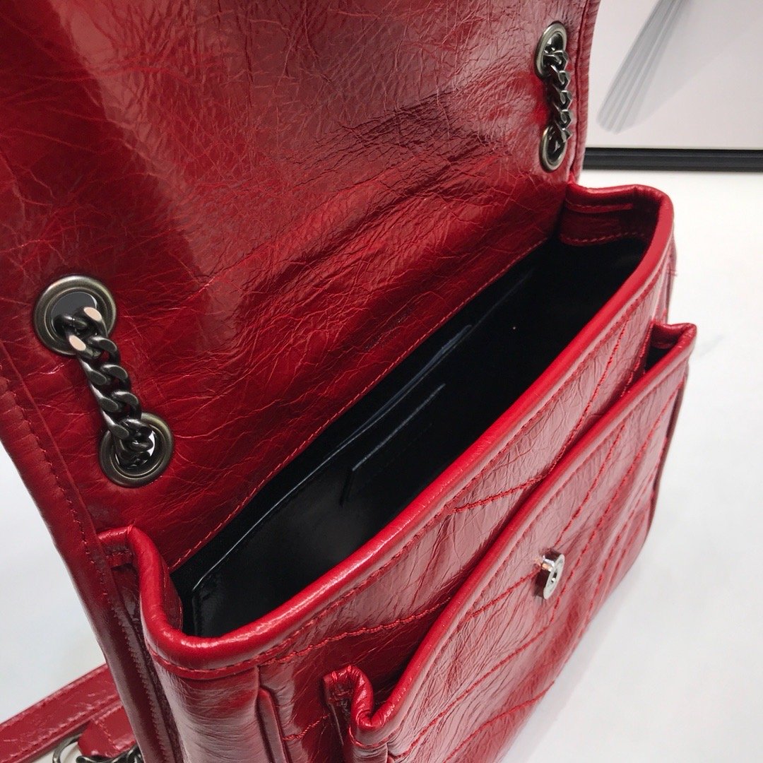 YSL Saint Laurent Niki Baby Crinkled 8in 21cm Red Chain Handbag