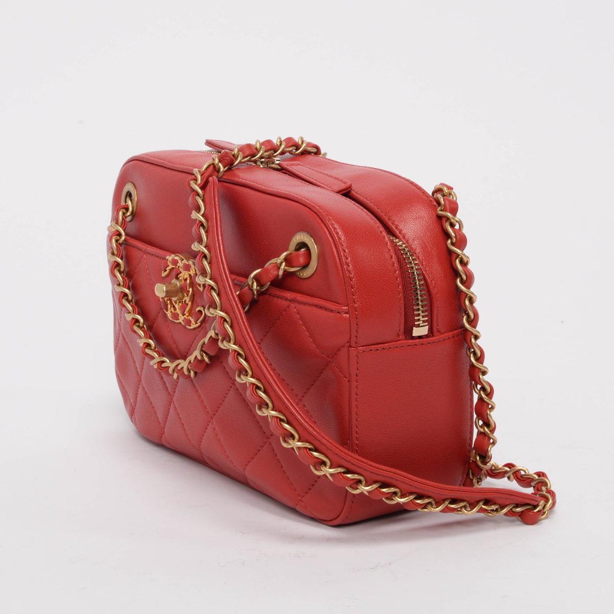 Chanel Red Quilted Lambskin Chain Infinity Camera Case Bag