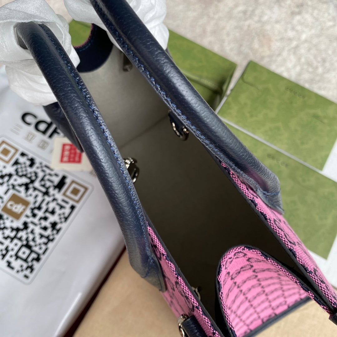 gg Interlocking G gg 12in Canvas Blue Pink Small Tote Bag