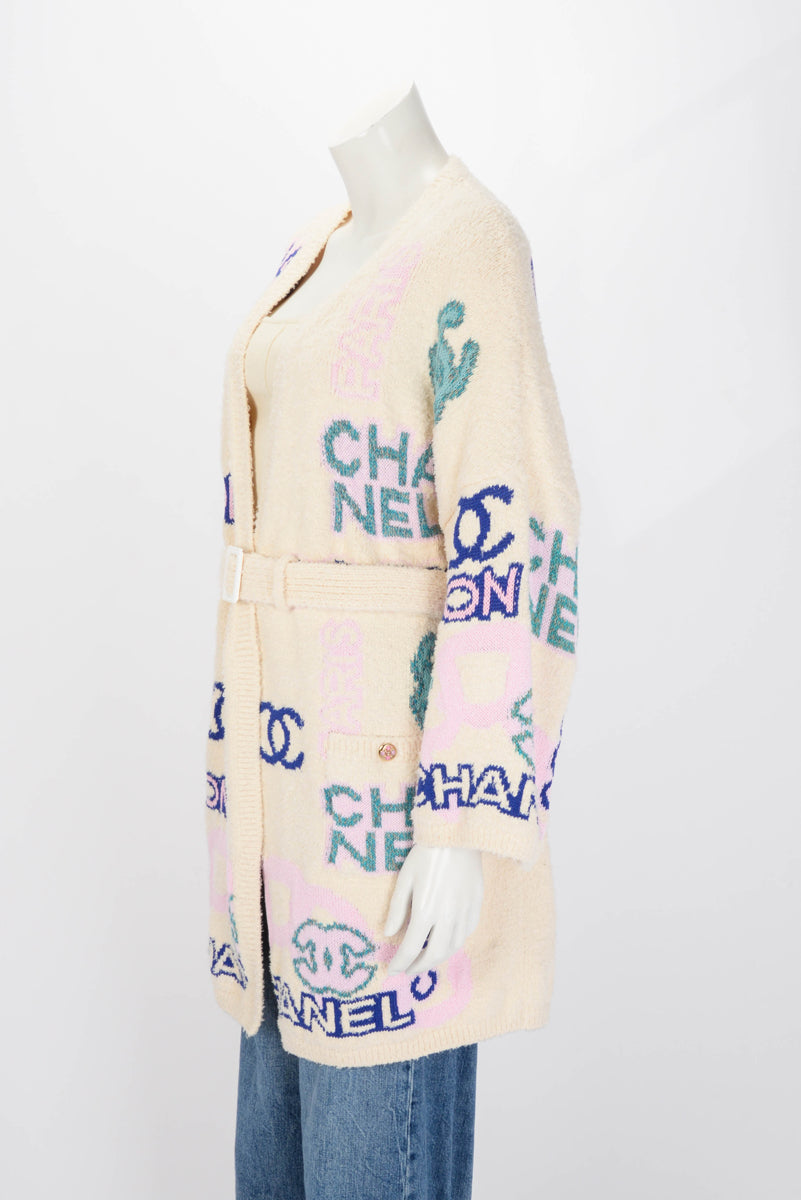 Chanel Multi Colour Cotton Logo Belted Cardigan FR 42 Apparel