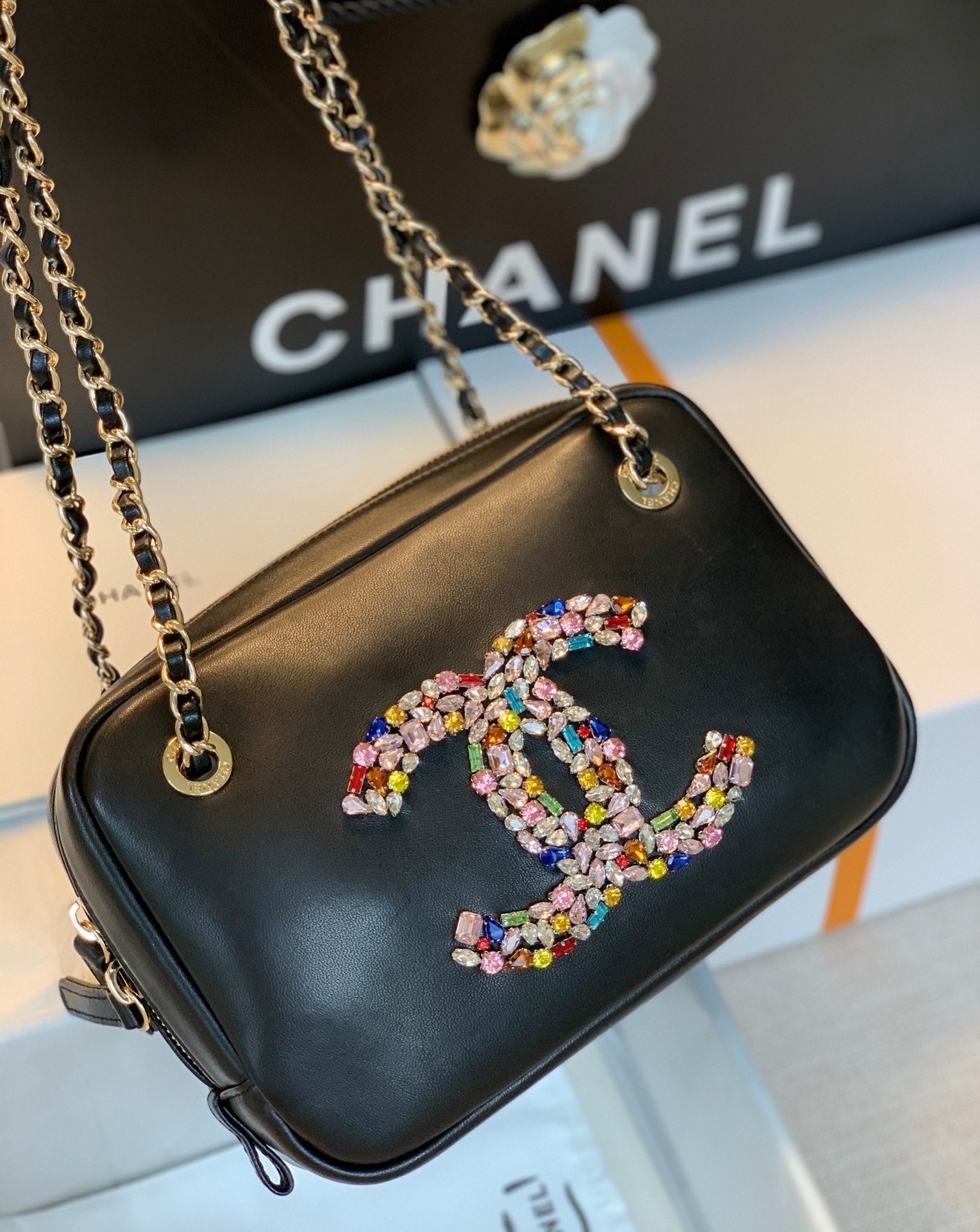 CHL Camera Cubic Diamonds 12.5cm Black Handbag