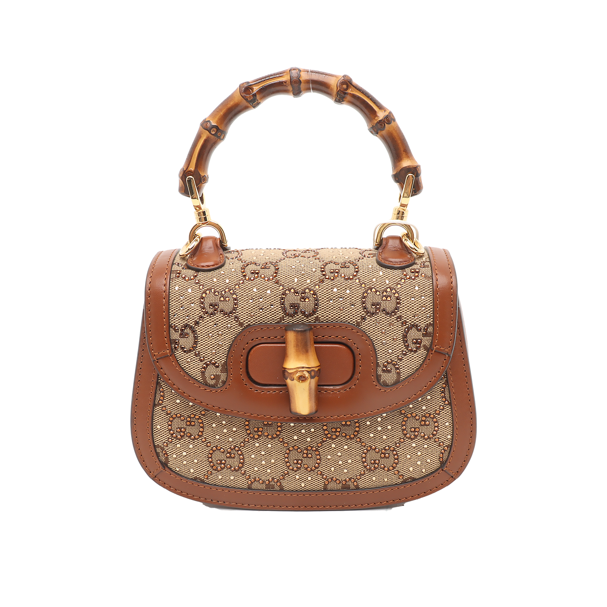 Gucci Bamboo Glitter Leather Canvas Brown Mini Crossbody Bag