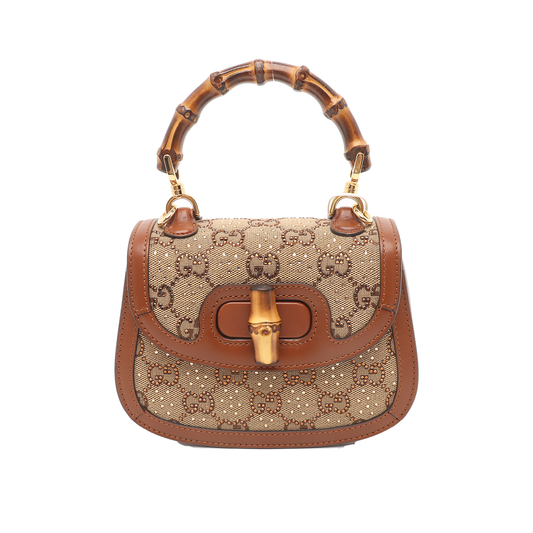 Gucci Bamboo Glitter Leather Canvas Brown Mini Crossbody Bag