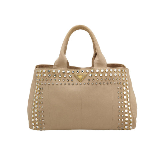 Prada Canape Tote Top Handle Bag With Jewels Canvas Beige Tote Bag