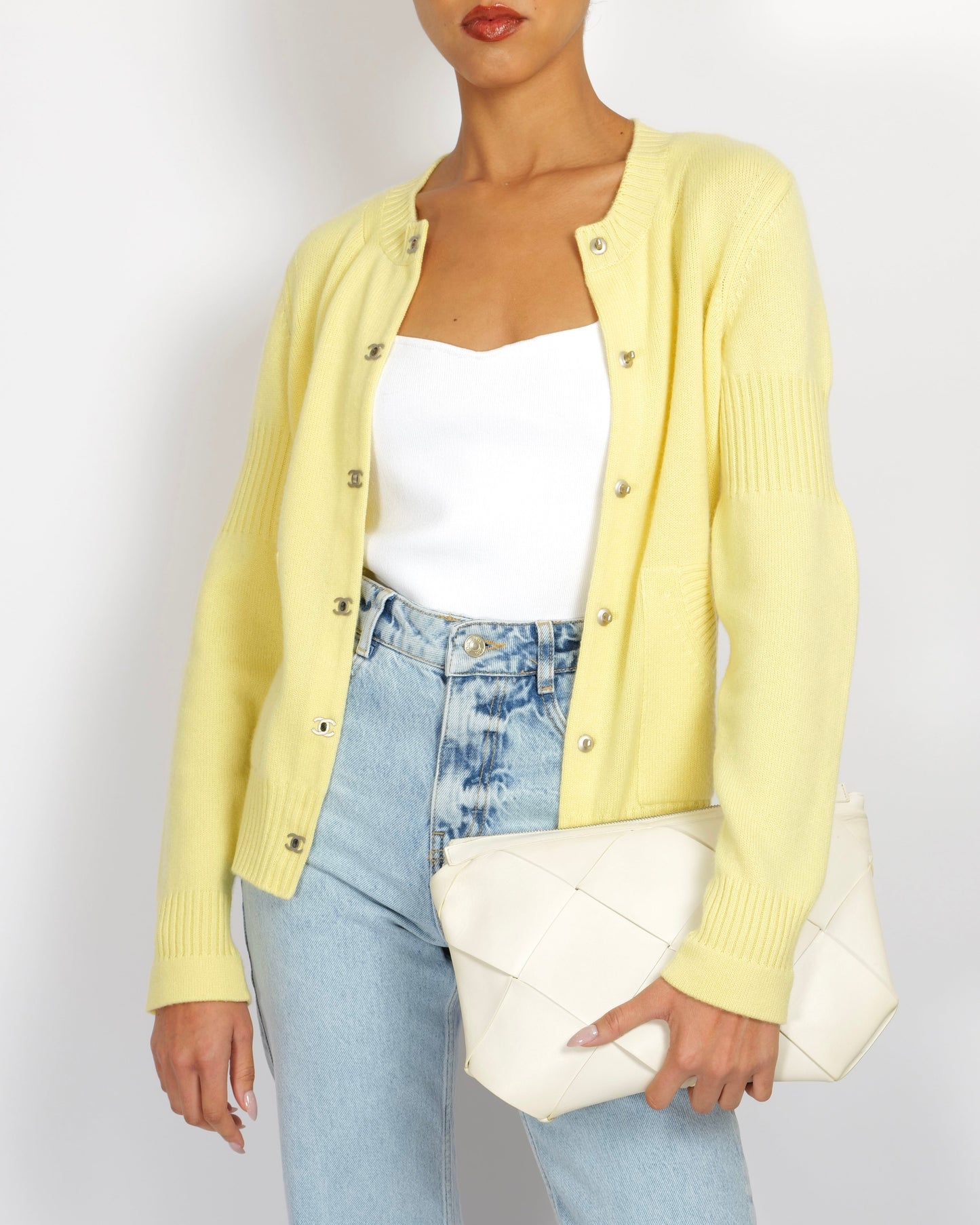 Chanel Yellow Cashmere Cardigan with Silver CC Logo Buttons Size FR 38 (UK 10) Apparel