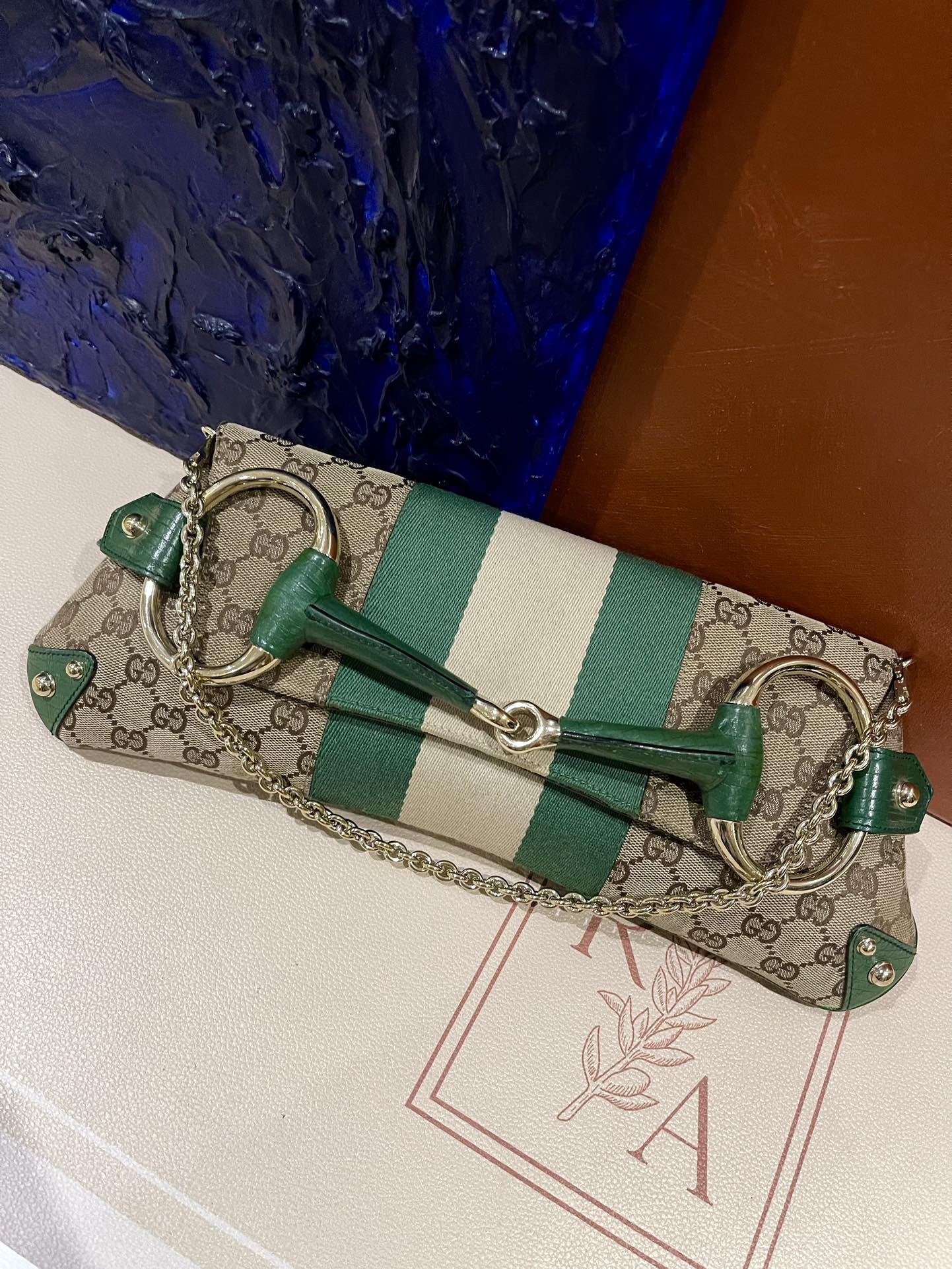 Gucci Horsebit Chain Cloth Web Studs Monogram Leather Green Gold Travel Bag