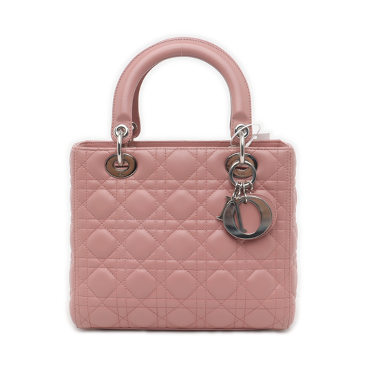 Dior Lady Medium Handbag Lipstick Cannage Hardware Leather Pink Travel Bag