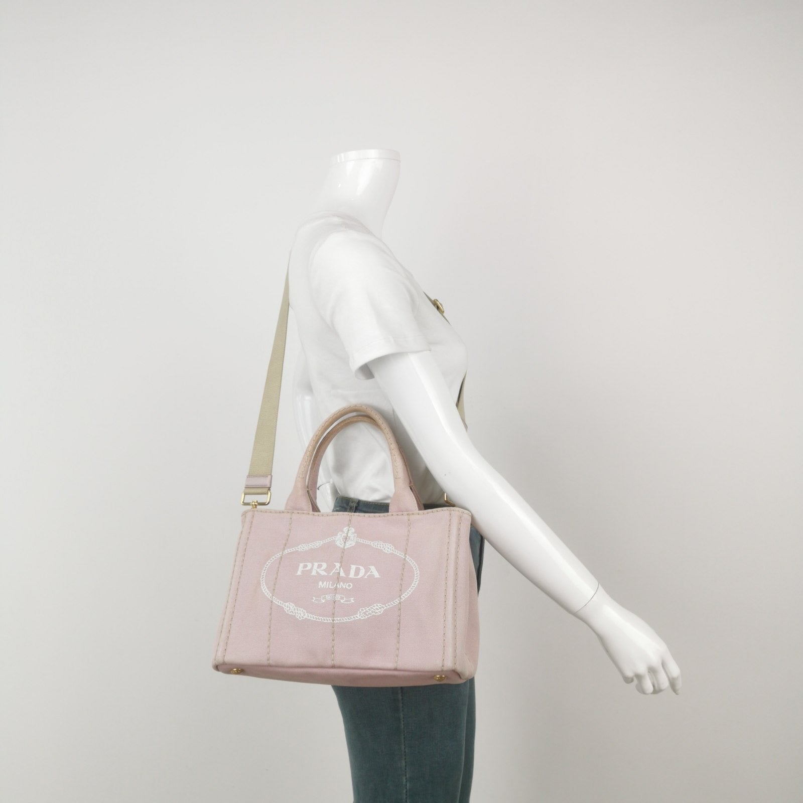 Prada Canape Tote Top Handle Bag With Strap Canvas Pink Tote Bag